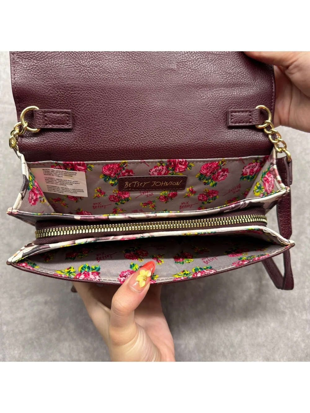 Betsey Johnson Burgundy Rose Floral Leather Bow Crossbody Bag